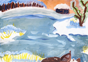 Children drawing. Winter landscape. river bank is ice-covered
