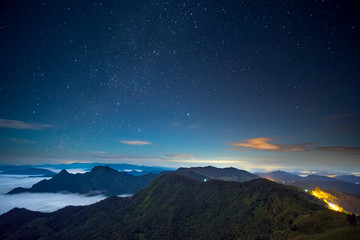 Long explosure and High ISO shot, Beautiful scene before sunrise in the high mountain. Phu chi fa,...