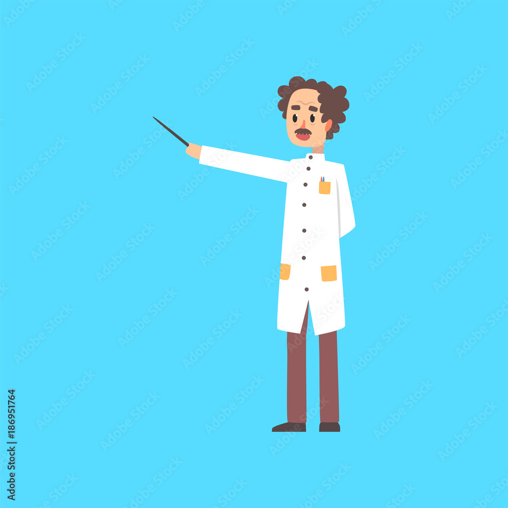 Sticker Scientist, doctor, engineer or astrophysicist cartoon character in white coat with pointer, man of science vector Illustration