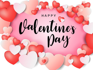 Happy Valentine's day calligraphic Inscription decorated with red heart and pink background. vector illustration. brochure, flyer, wallpaper, invitation card, poster, banner.