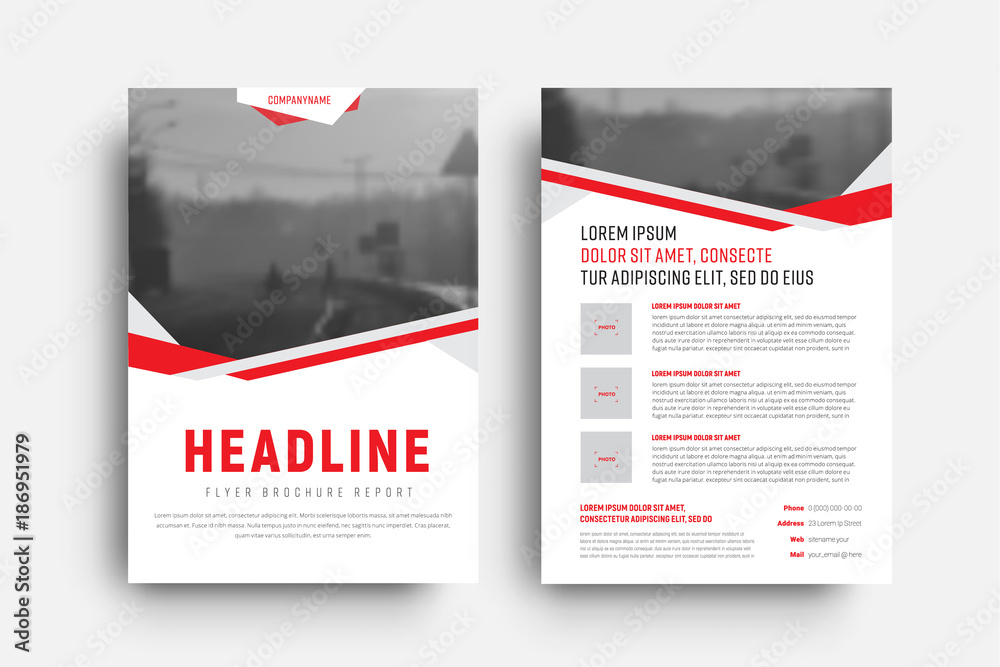 Poster template of a white flyer with red and gray abstract lines and a place for a photo