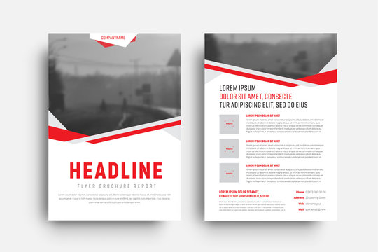 Template of a white flyer with red and gray abstract lines and a place for a photo