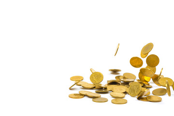 Falling gold coins money isolated on the white background, business concept.