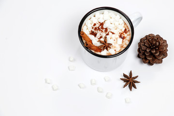 White cup of hot chocolate drink with marshmallows and cinnamon on white background. Winter time. Christmas holiday concept.