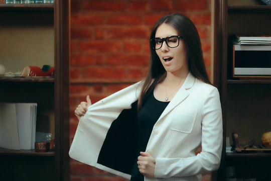 Elegant Woman Showing Of Blazer Coat Lining 