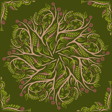 Circular pattern. Mandala. Round elvin floral vector ornament. Green
