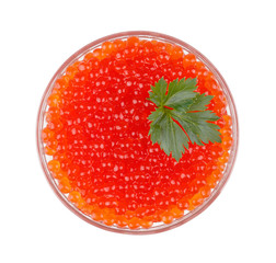 Red caviar in the bowl isolated on white background, top view.