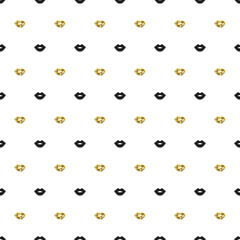 Seamless pattern with black and gold lips kiss shapes. Valentines day. Lipstick kiss. Vector illustration. Background.
