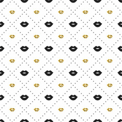 Seamless pattern with black and gold lips kiss shapes. Valentines day. Lipstick kiss. Vector illustration. Background.