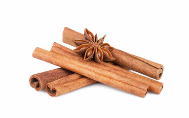 Cinnamon sticks and star anise spice isolated on white background