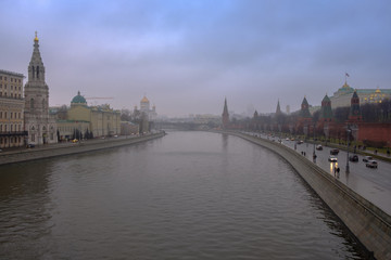 Fototapeta na wymiar Moscow, Russia, panorama of Kremlin in rainy, foggy day