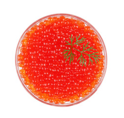Red caviar in the bowl isolated on white background, top view.