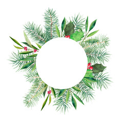 Christmas banner with round white space, firtree, holly and olive branch. Watercolor handdrawn illustration isolated on white background.