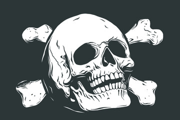 Hand drawn realistic human skull and bones. Monochrome vector illustration on black background.