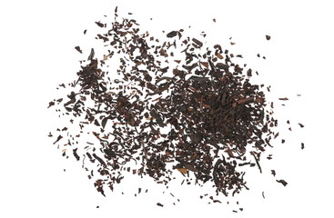 Dry black tea leaves isolated on white background, top view