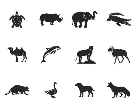 Wild animal figures and shapes collection isolated on white background. Black silhouettes turtle, rhino, dolphin, swan, tiger, camel, raccoon, fox, dog and othersl. Animals shapes bundle. Vector.