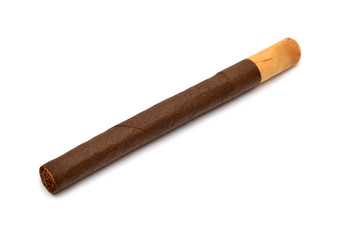 Cigar with mouthpiece isolated on white background. Flat lay, top view