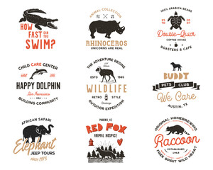Fototapeta premium Wild animal Badges set and great outdoors activity insignias. Retro illustration of animal badges. Typographic camping style. Vector wild Animal logos with letterpress effect. Explorer quotes. Part 2