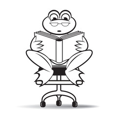 black outline frog vector cartoon or mascot reading book on office chair