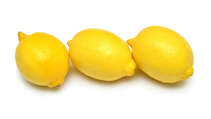 Three lemons isolated on white background. Tropical fruit. Flat lay, top view