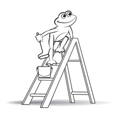 black outline happy vector cartoon frog or mascot on ladder with paint roller and basket