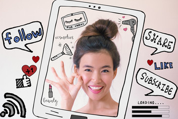 Young Asian woman with cosmetics illustrator doodles - beauty blogger and social media concept