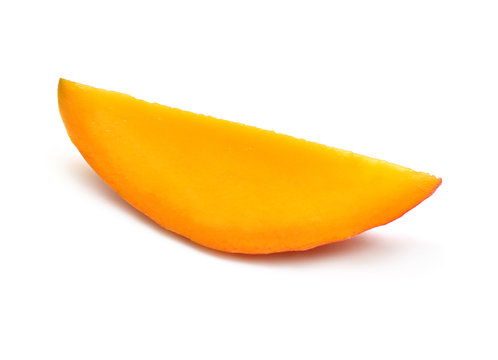 Slice mango isolated on a white background. Tropical fruit, apple. Flat lay, top view