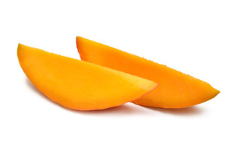 Slices mango isolated on a white background. Tropical fruit, apple. Flat lay, top view
