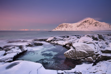 Alpenglow at Skagsanden beach on the Lofoten, Norway