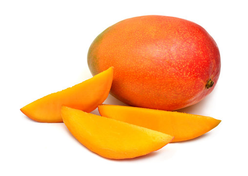 Mango and slices isolated on white background. Tropical sweet and healthy fruit. Good and athletic nutrition