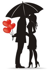 verliebtes Paar untem Regenschirm mit Ludtballons