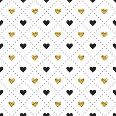 Seamless pattern with black and gold heart shapes. Valentines day. Vector illustration. Background.