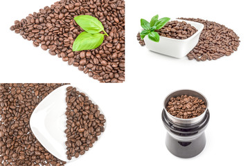 Collage of closeup of coffee beans close-up isolated on white background