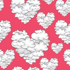Schilderijen op glas Clouds in the shape of hearts. Seamless pattern. Vector illustration on red background © Lucie