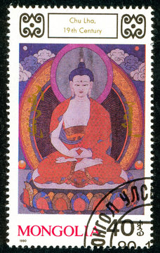 Ukraine - circa 2018: A postage stamp printed in Mongolia shows drawing Chu Lha. Series: Buddhist Deities. 18th-20th Cent. Paintings. Circa 1990.