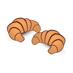 Two croissants flat design isolated on white background. Vector illustration of bakery goods for poster and menu bakery shop.