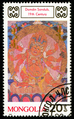 Ukraine - circa 2018: A postage stamp printed in Mongolia shows drawing Damdin Sandub. Series: Buddhist Deities. 18th-20th Cent. Paintings. Circa 1990.