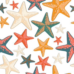 Beautiful colorful starfish seamless pattern. Vector illustration on white background