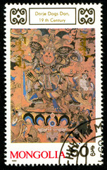 Ukraine - circa 2018: A postage stamp printed in Mongolia shows drawing Dorje Dags Dan. Series: Buddhist Deities. 18th-20th Cent. Paintings. Circa 1990.