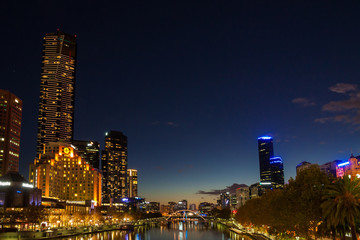 Southbank Promenade in Melbourne at night. The Yarra River is in east-central Victoria, Australia.
