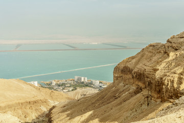 Landscape view on the dead sea from dry desert in Israel