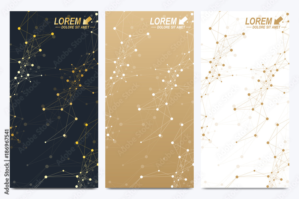 Poster Modern set of vector flyers. Geometric abstract presentation. Molecule and communication background for medicine, science, technology, chemistry. Cybernetic dots. Lines plexus. Card surface.