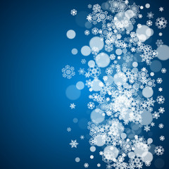 New Year snow on blue background. Winter theme. Christmas and New Year snow falling backdrop. For season sales, special offers, banners, cards, party invites, flyers. White frosty snowflakes on blue.