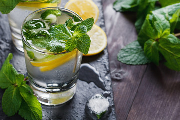 View from above on two glasses with reshness cold lemonade.