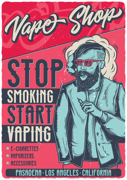 Poster design with illustration of hipster vaping vaporizer Stock Vector |  Adobe Stock