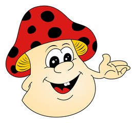 Pilz oder Fliegenpilz als Moderator im Vektor und Cartoon Style auf einem weißen isolierten Hintergrund