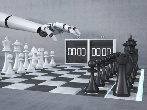 Robot hand, playing chess, starting, clock, D Rendering