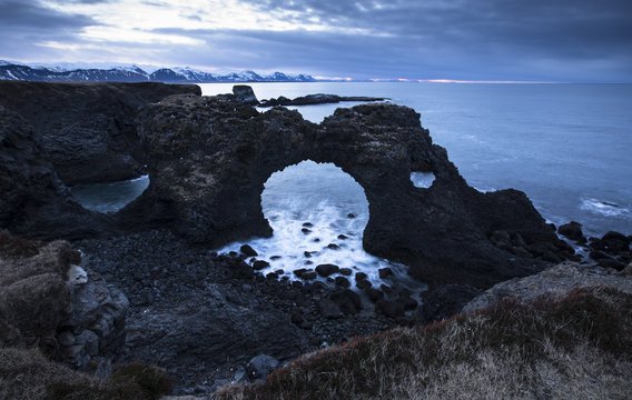 Iceland, Snaefells, Arnarstapi, view to natural arch