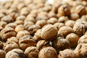 Many fresh walnuts together, close-up