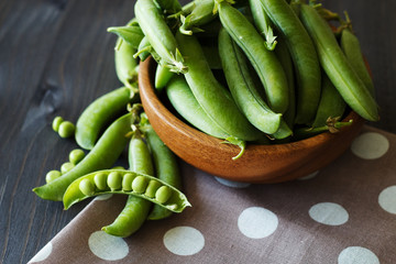 Green pea. Close-up. Top view.